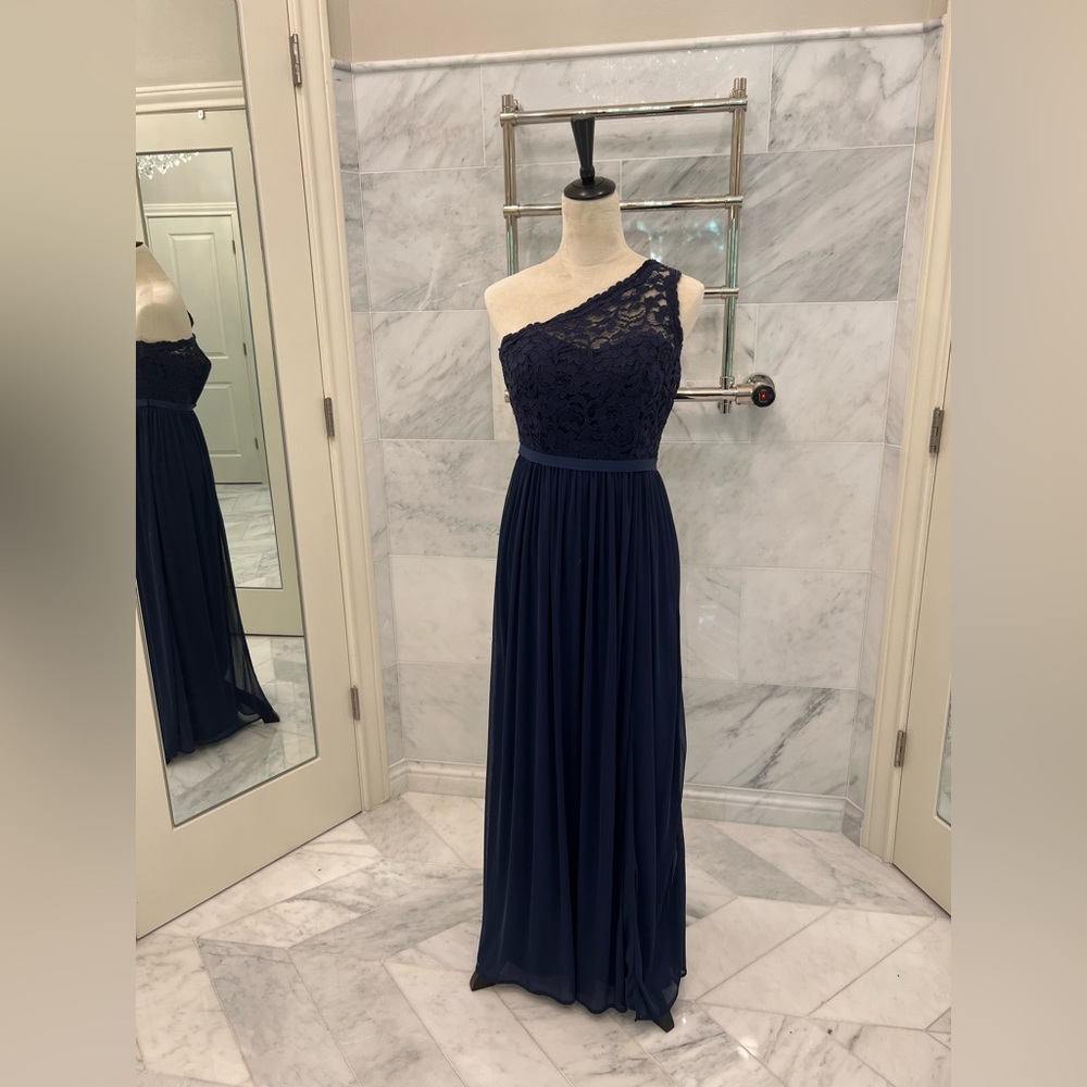 David’s Bridal Marine One Shoulder Long Lace Formal Dress